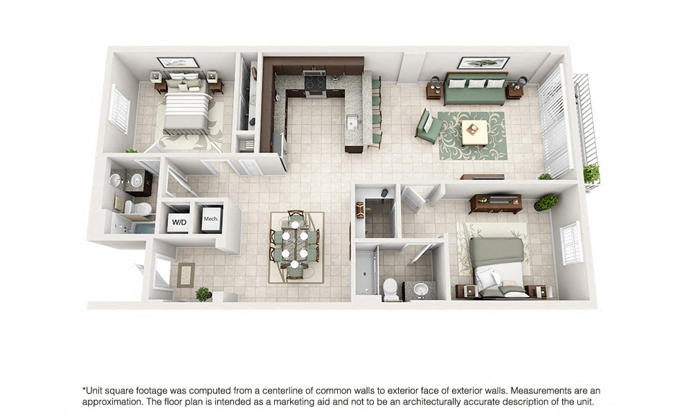 Floor plan for 2 beds, 2 baths, 1261 sqft